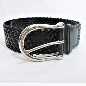 MICHAEL KORS Blk Braided Bonded Leather Belt Large Shiny Silver Buckle 2" L